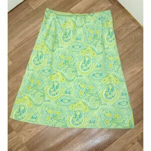 Vintage 80-90s, NY&CO, green and yellow, Paisley,100% silk midi skirt. Size larg